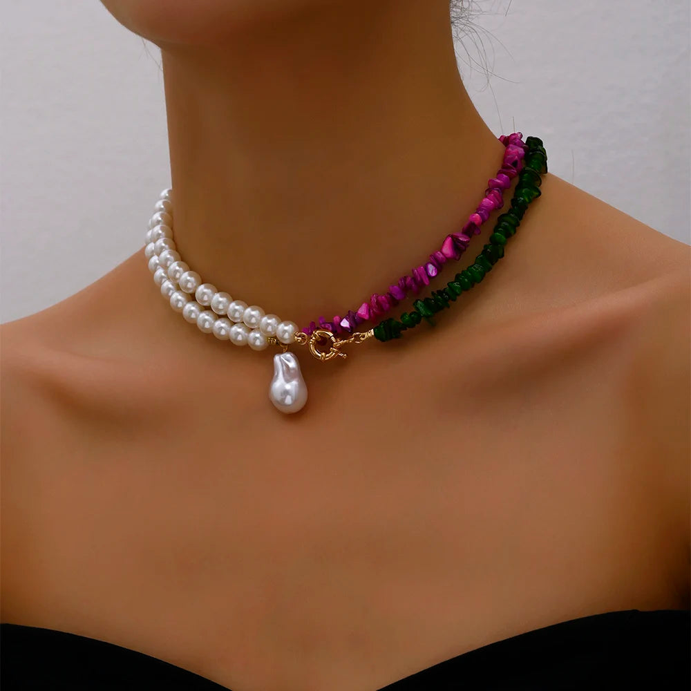 Rose & Green Stone Pearl Fashion Choker