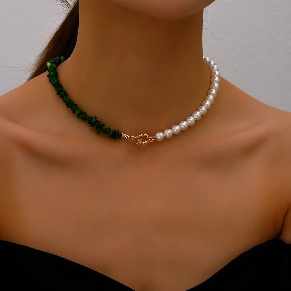 Rose & Green Stone Pearl Fashion Choker